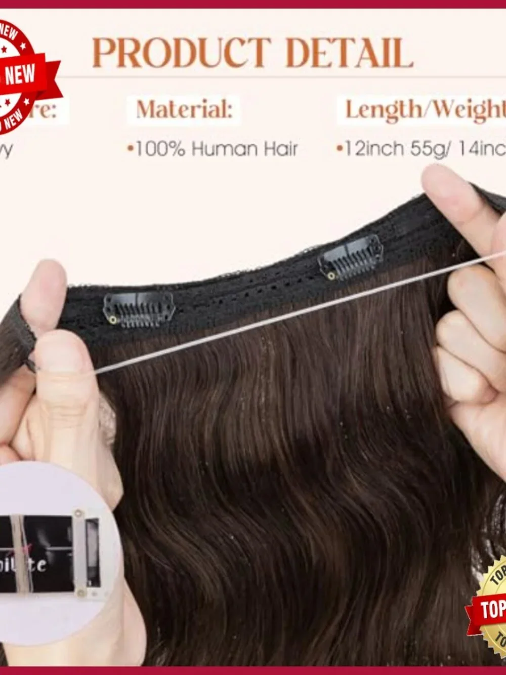 Real Human Hair Halo Extensions 12 Inch Short Wavy Adjustable Wire